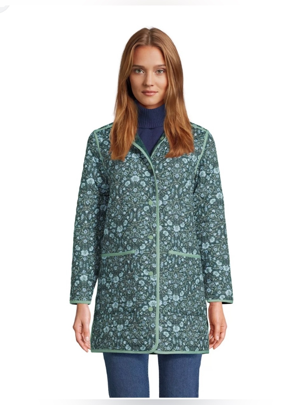 Lands' End Quilted Floral Long Robe Jacket - Teal Green